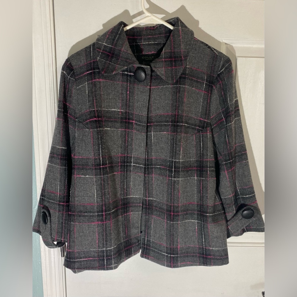 Vintage Harve Benard Gray Plaid Pea Coat with Pink Windowpane and Button accents